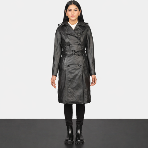 Alice Black Double Breasted Leather Coat