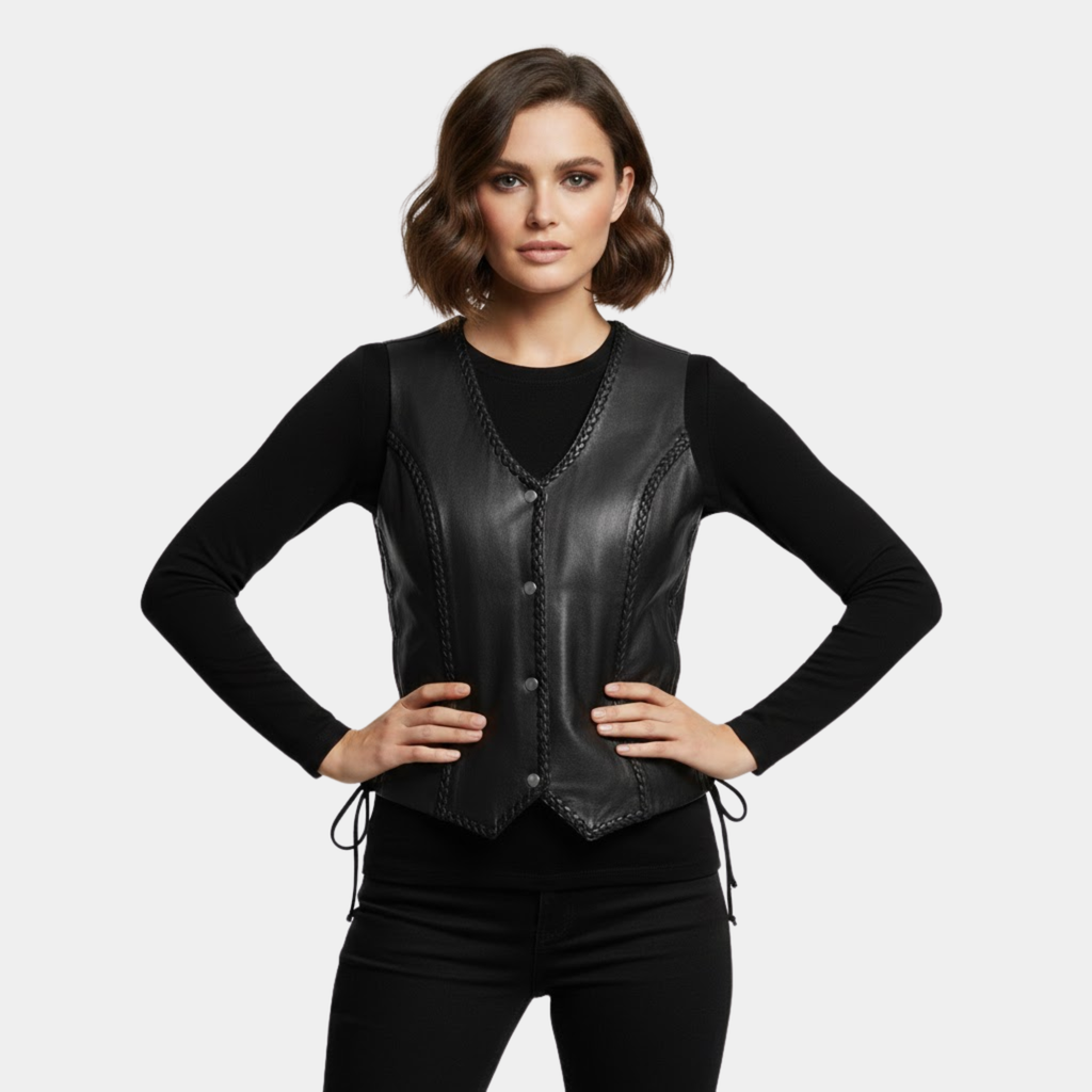 Cindy Womens Black Leather Biker Vest