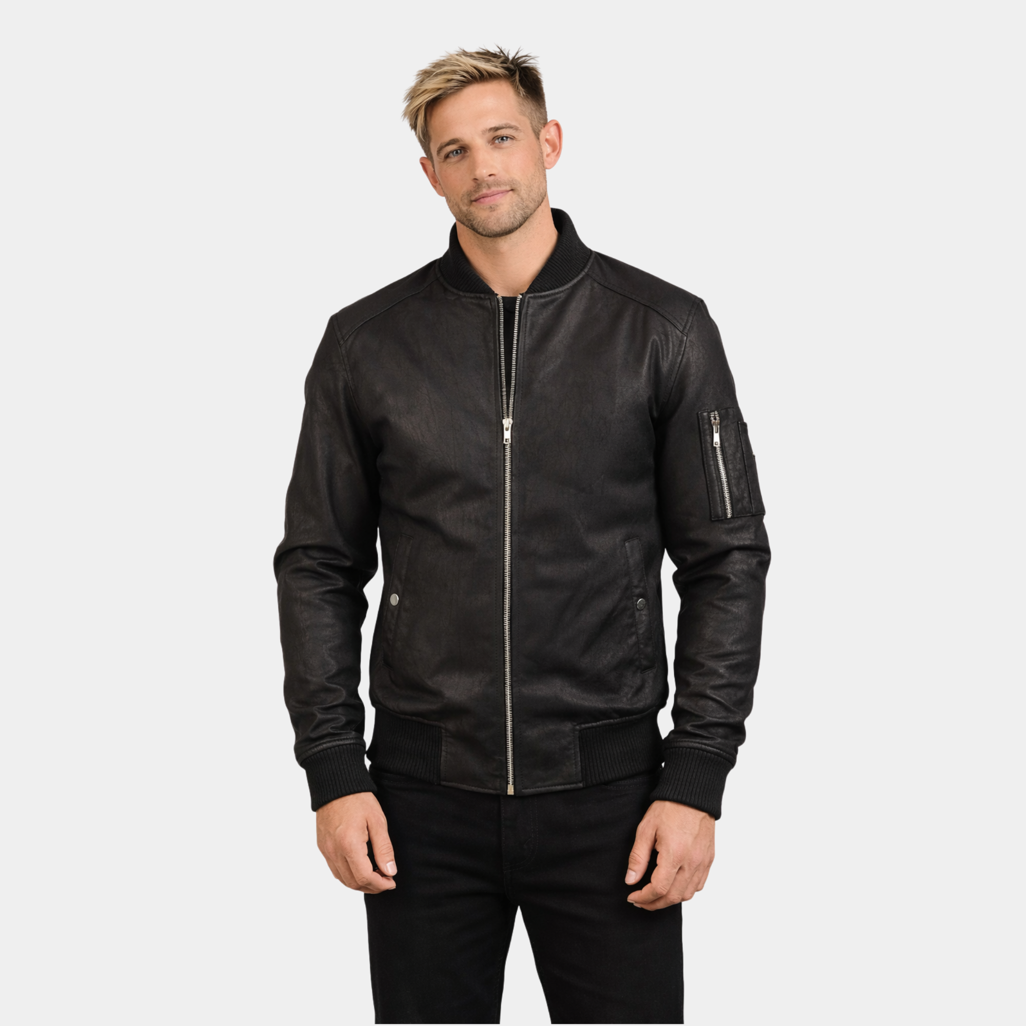 Distressed Black Leather Bomber Jacket