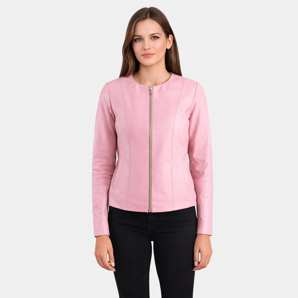 Elixir Pink Collarless Leather Jacket