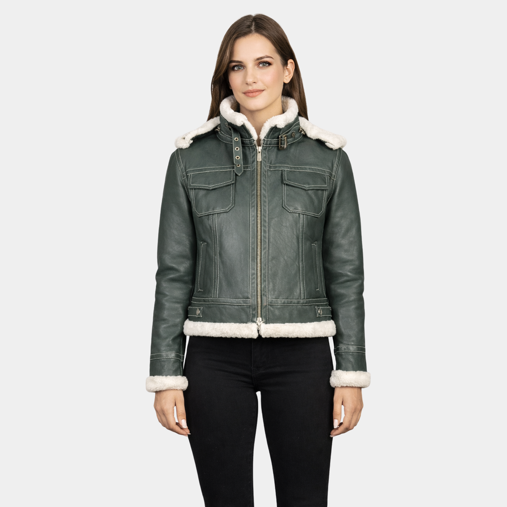 Fiona Green Hooded Shearling Leather Jacket