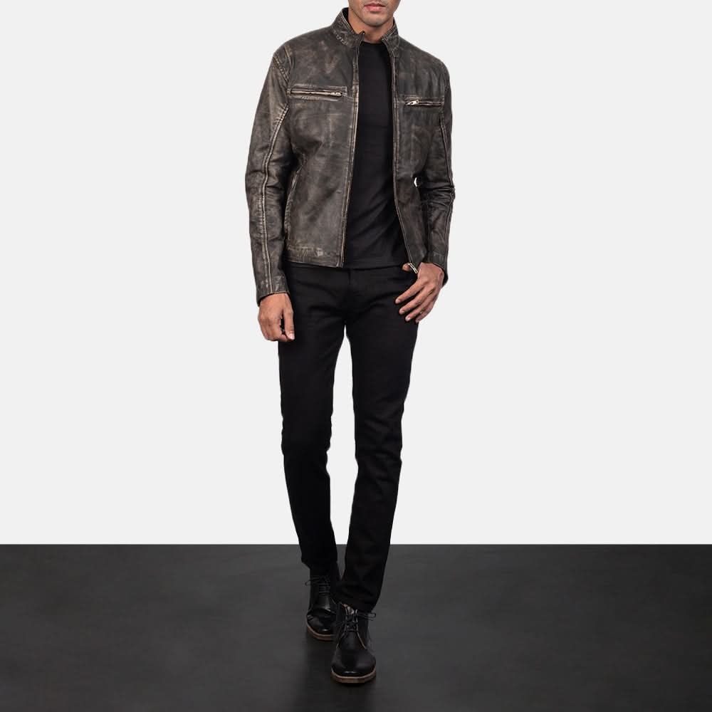 [LC] Ionic Distressed Brown Leather Biker Jacket