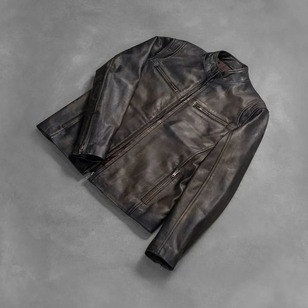 [LC] Ionic Distressed Brown Leather Biker Jacket