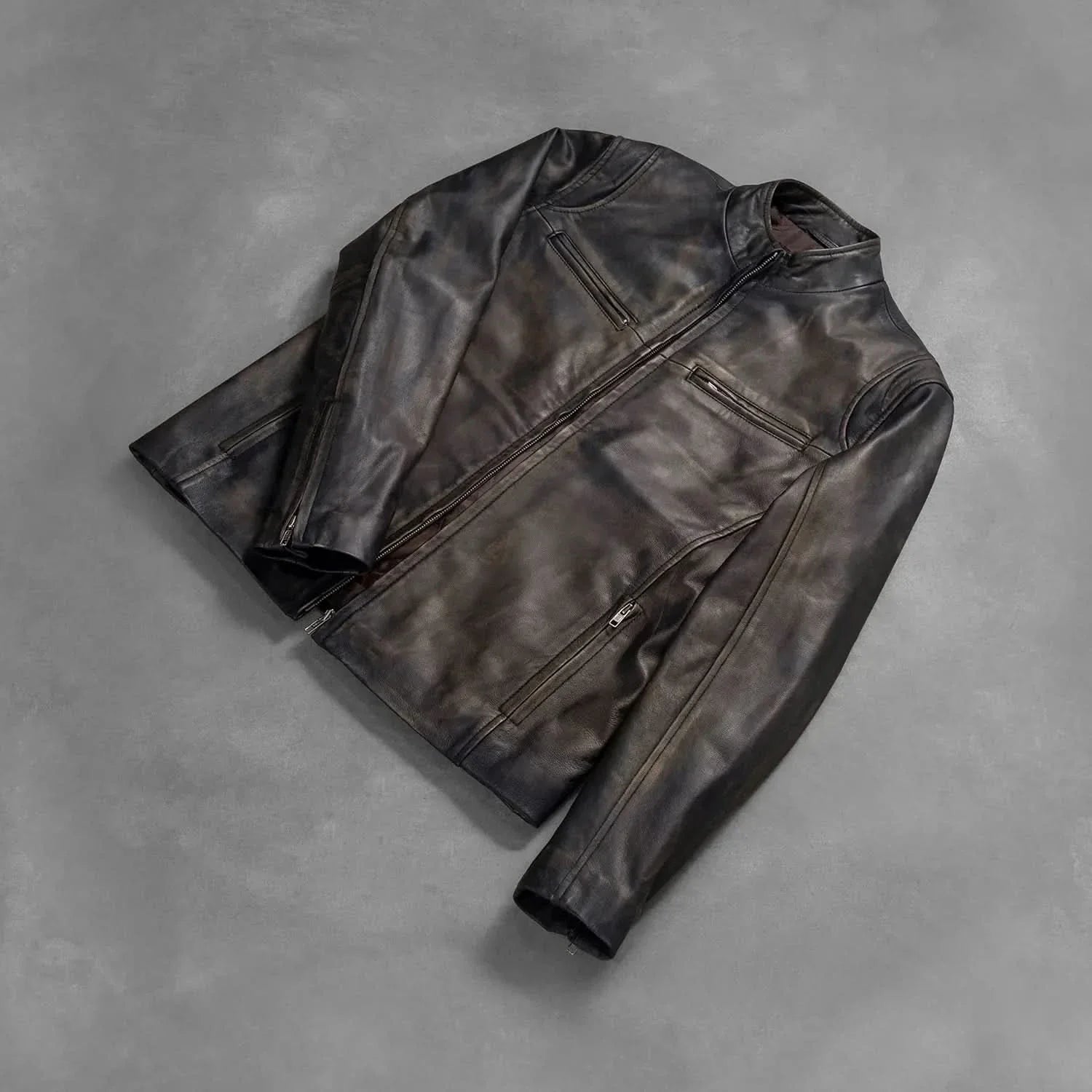 [LC] Ionic Distressed Brown Leather Biker Jacket