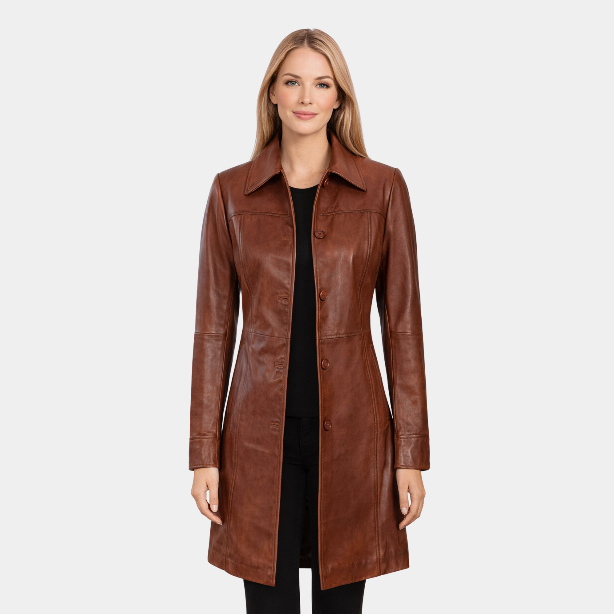 Kandis Womens Cognac Leather Car Coat