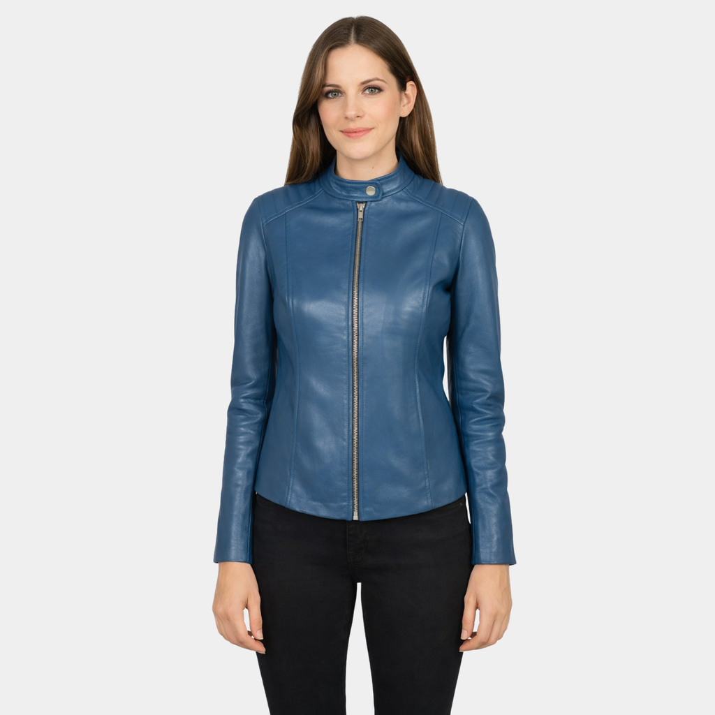 Kelsee Blue Leather Biker Jacket