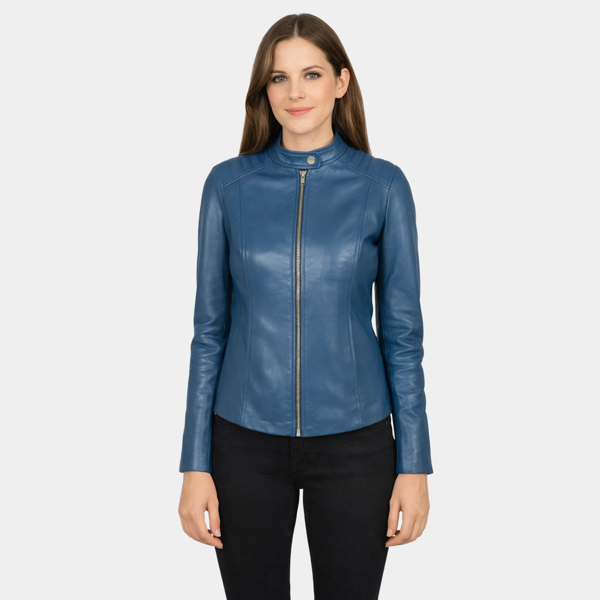 Kelsee Blue Leather Biker Jacket