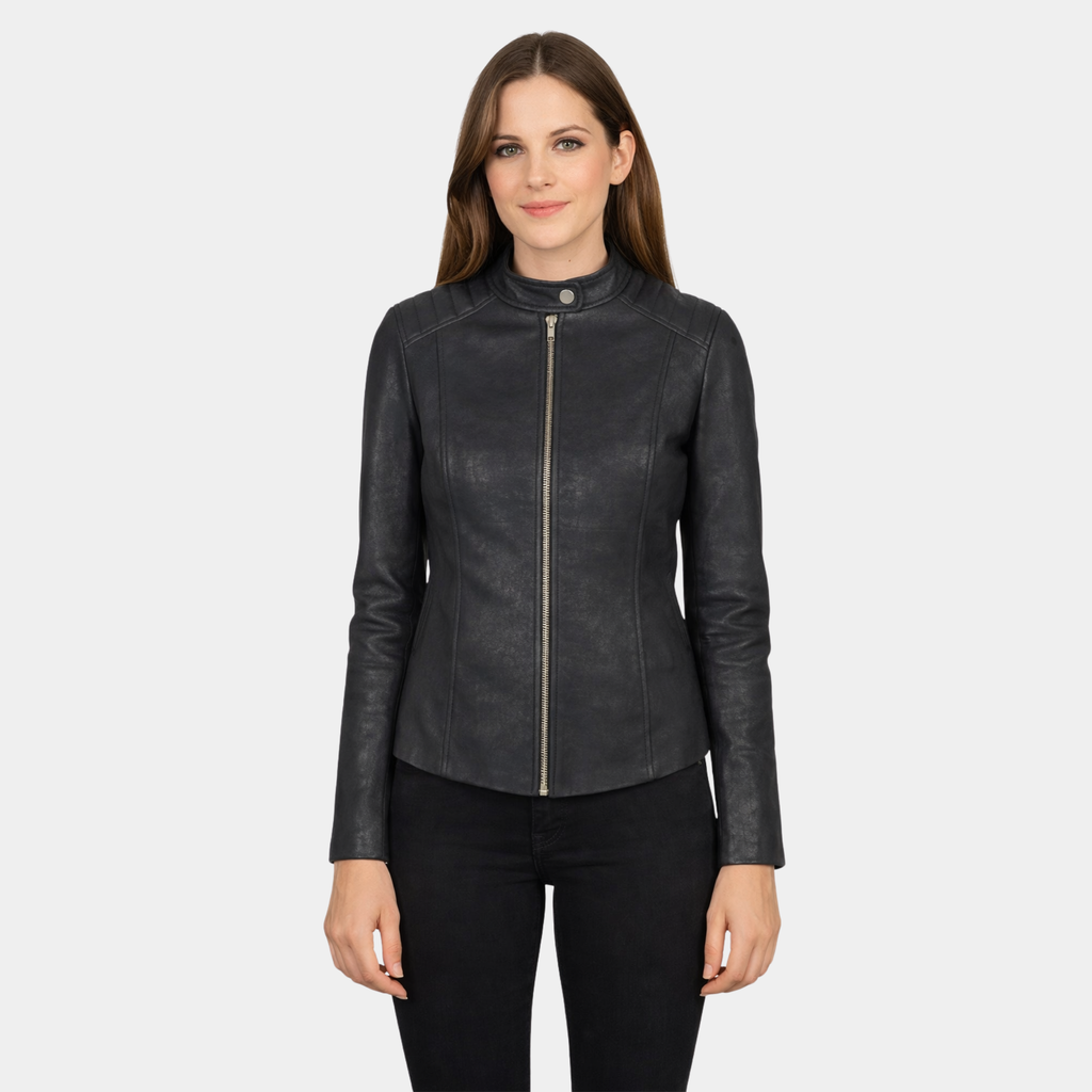 Kelsee Distressed Black Leather Biker Jacket