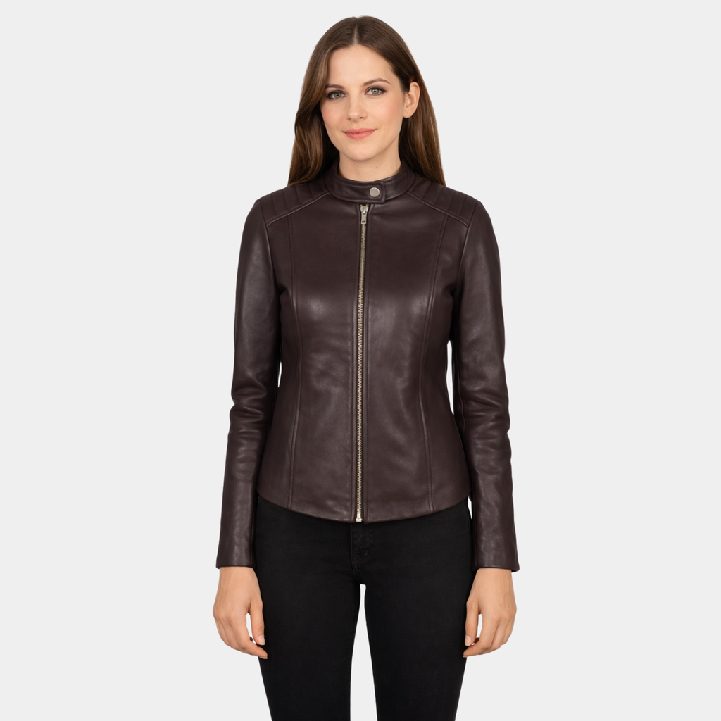 Kelsee Maroon Leather Biker Jacket