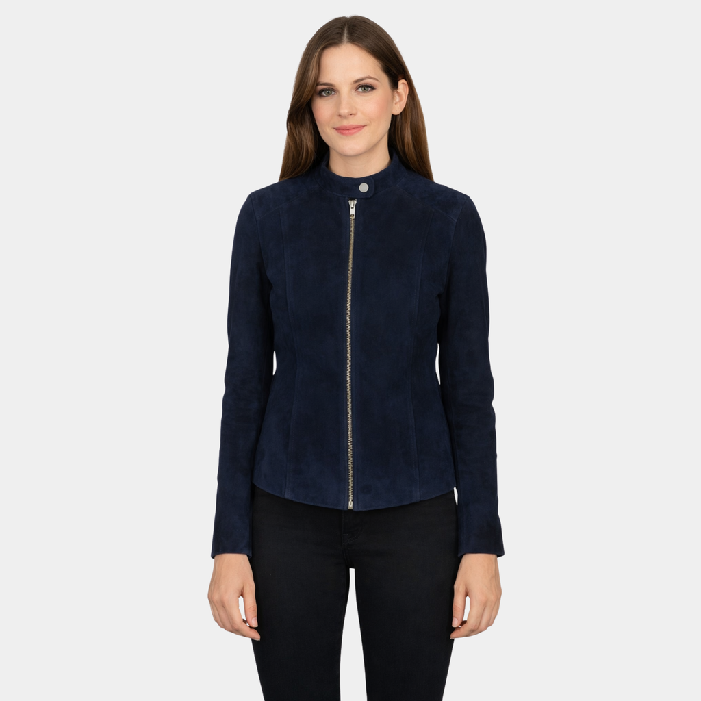 Kelsee Navy Blue Suede Biker Jacket