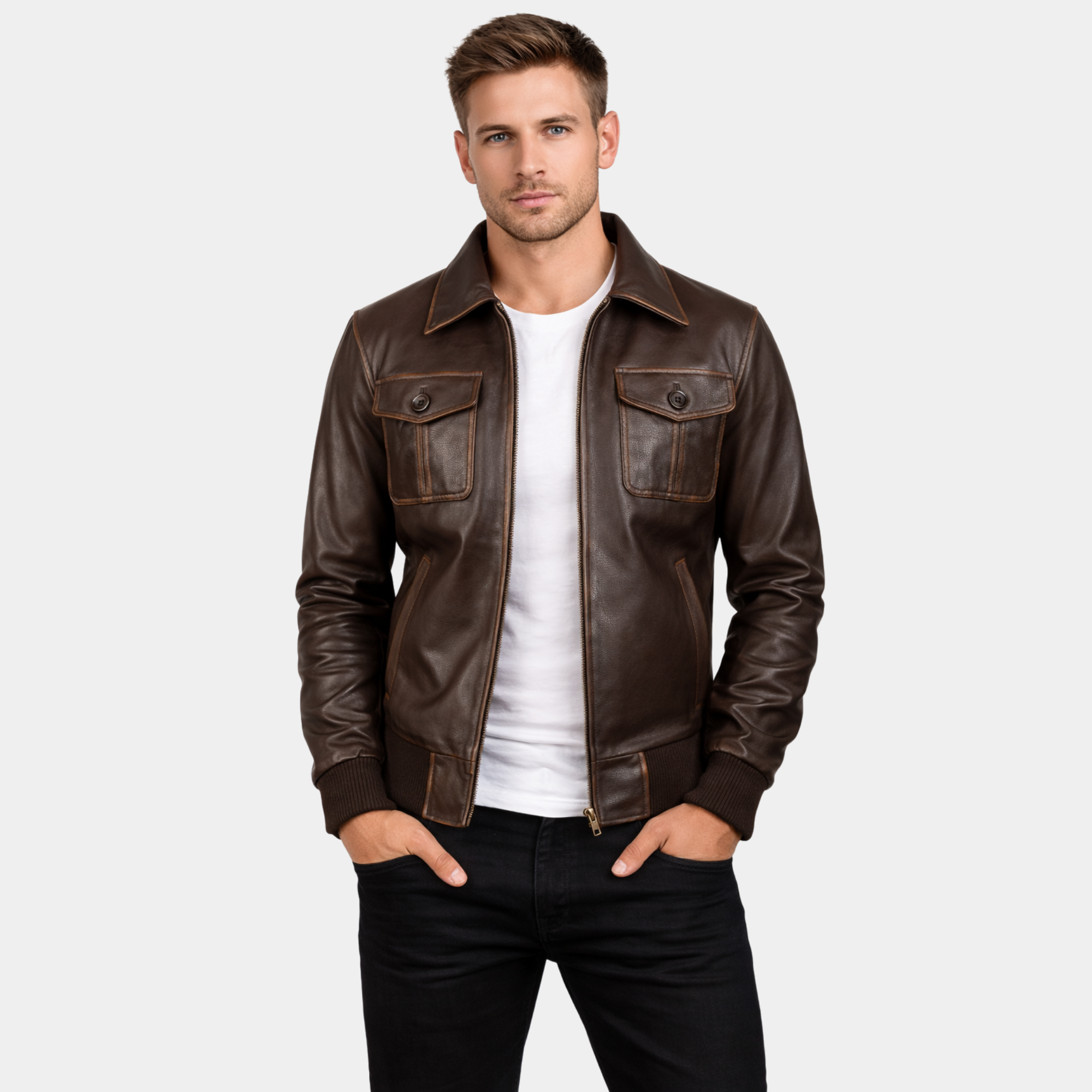 [LC] Aaron Brown Leather Bomber Jacket
