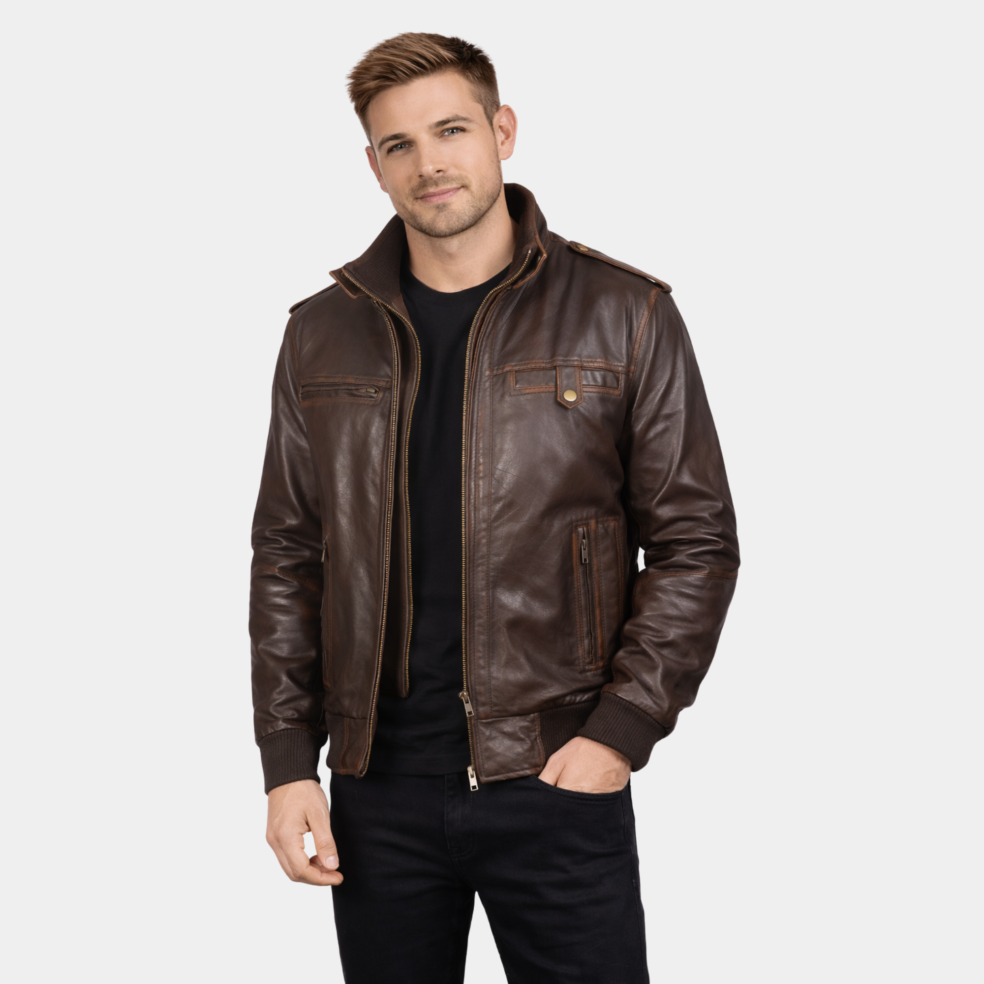 [LC] Glen Street Brown Leather Bomber Jacket