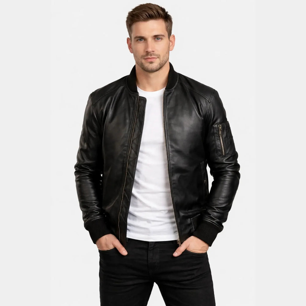 [LC] Ma-1 Black Leather Bomber Jacket