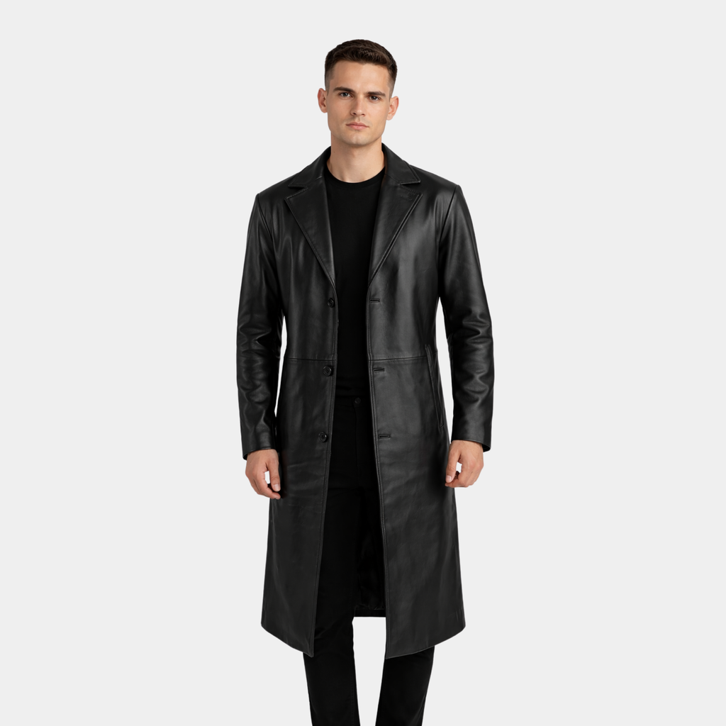 Mateo Black Leather Single Breasted Coat