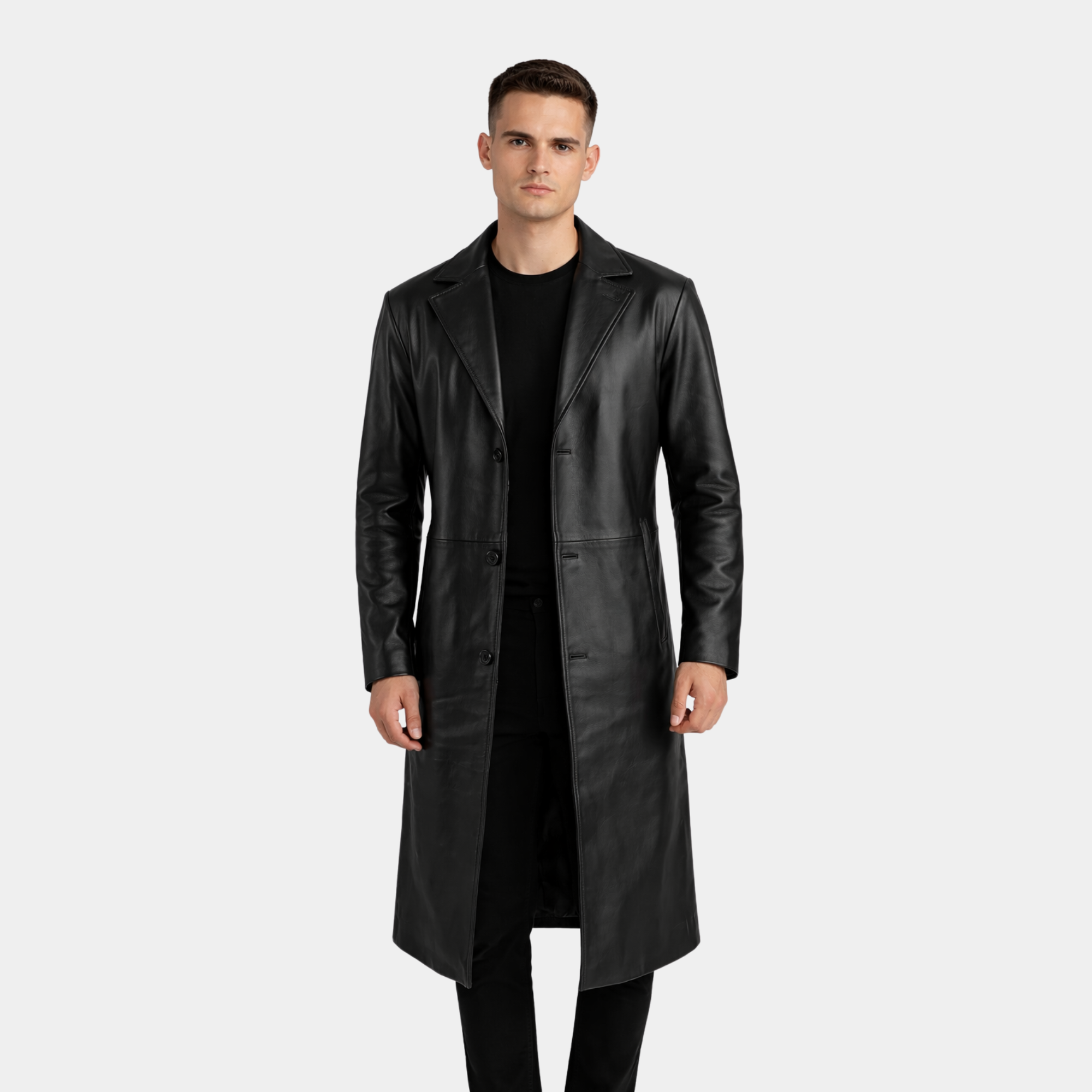 Mateo Black Leather Single Breasted Coat