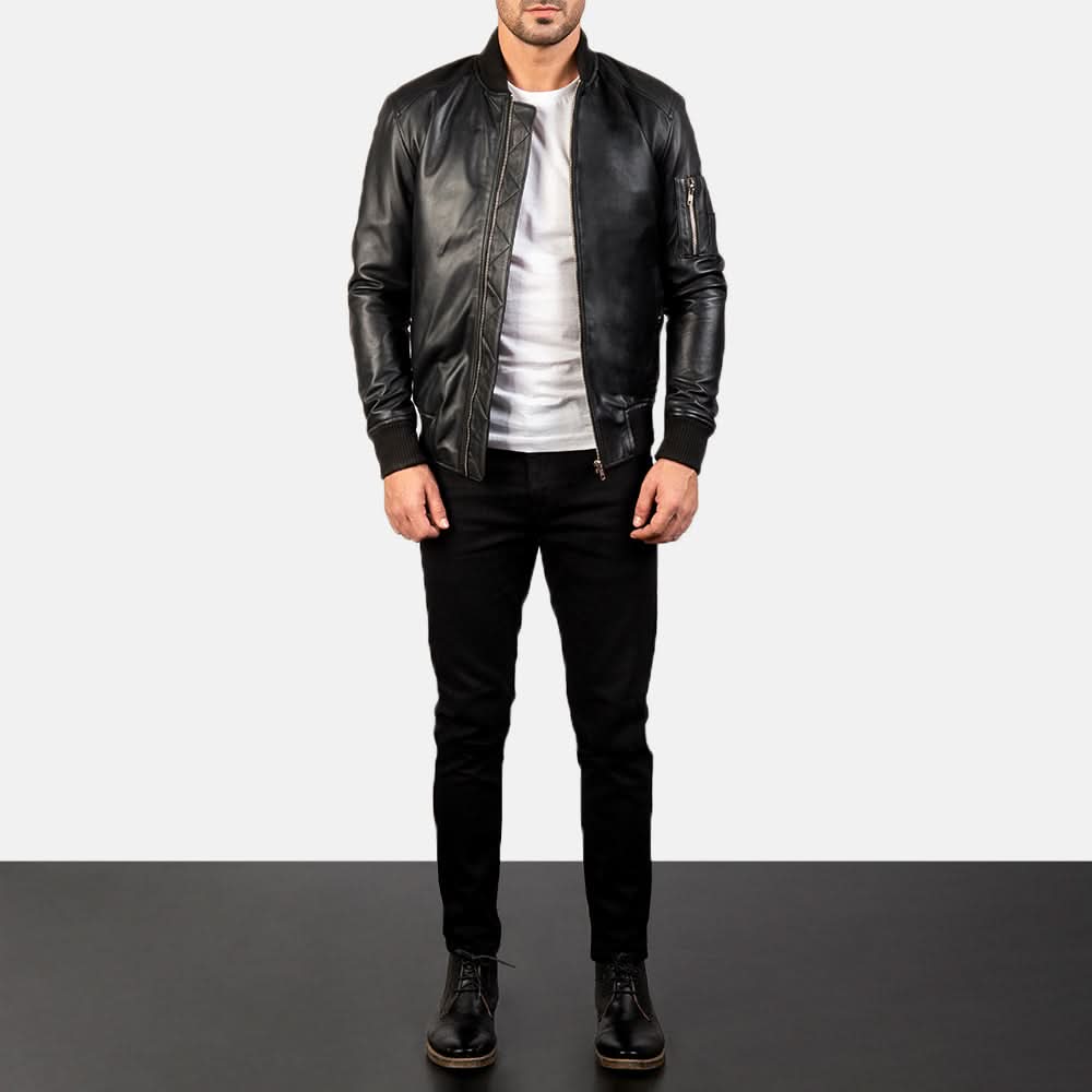 [LC] Ma-1 Black Leather Bomber Jacket
