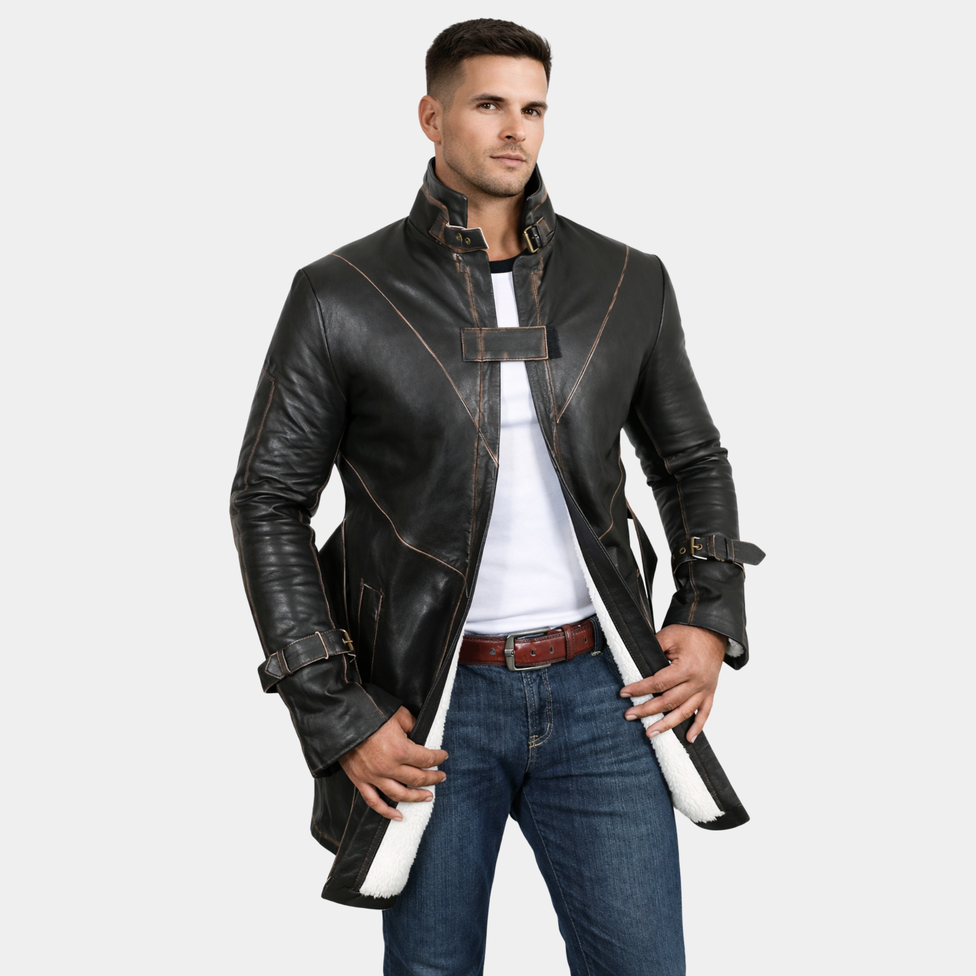 Men's Genuine Cow Rub Off Leather Coat (Trench Coat)