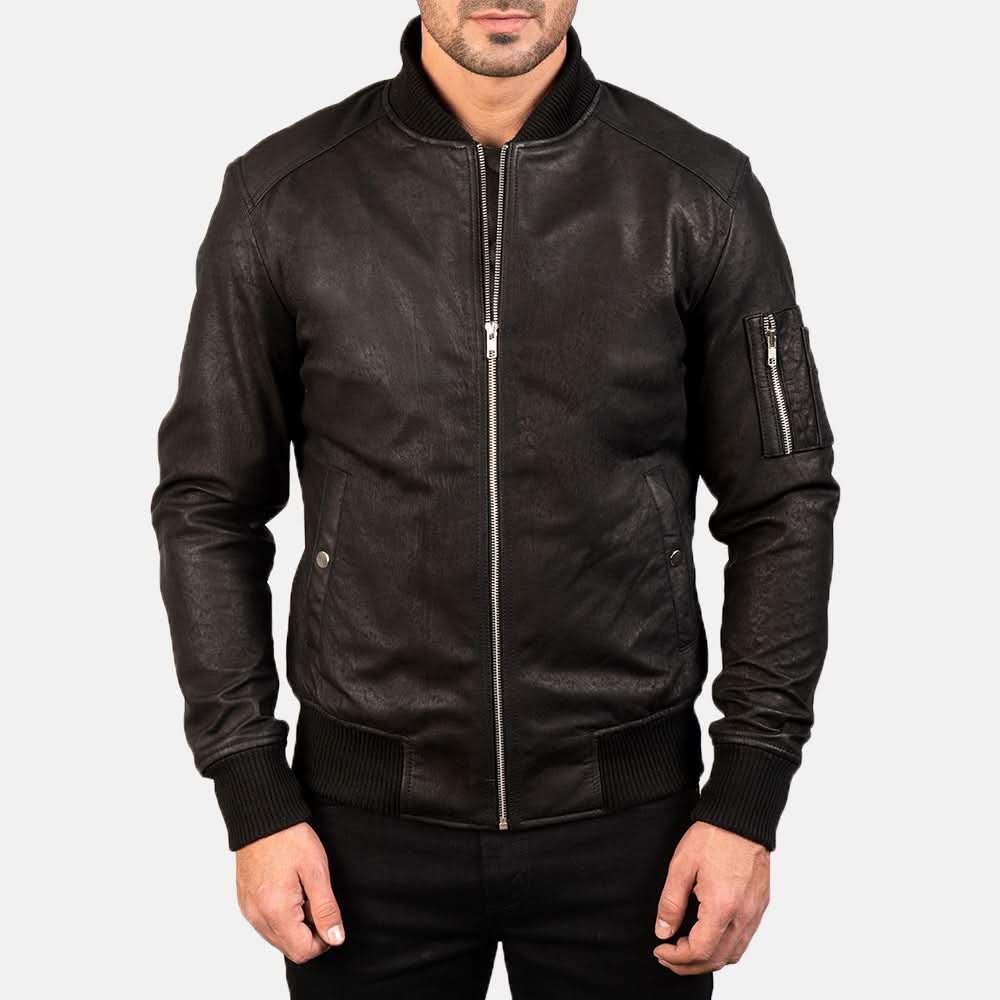 Distressed Black Leather Bomber Jacket