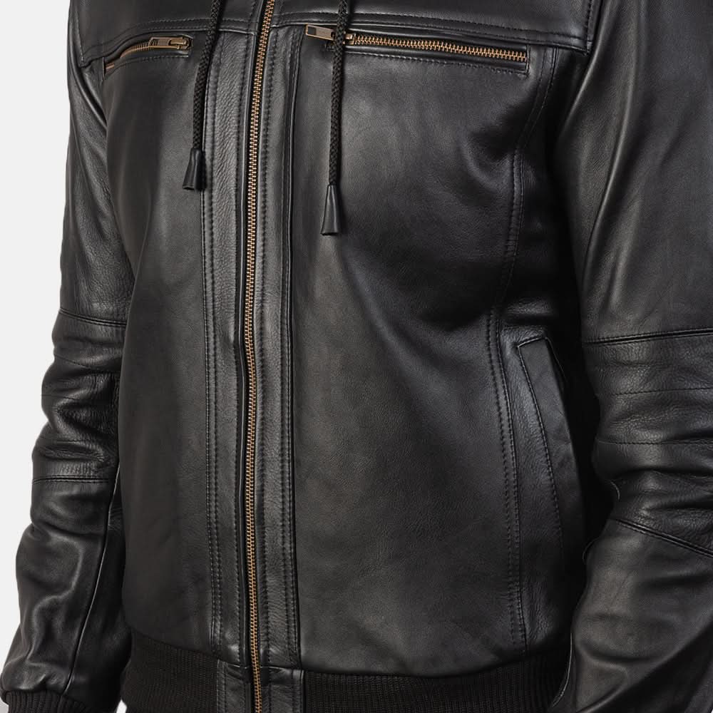 Bouncer Zipper Black Leather Bomber Jacket