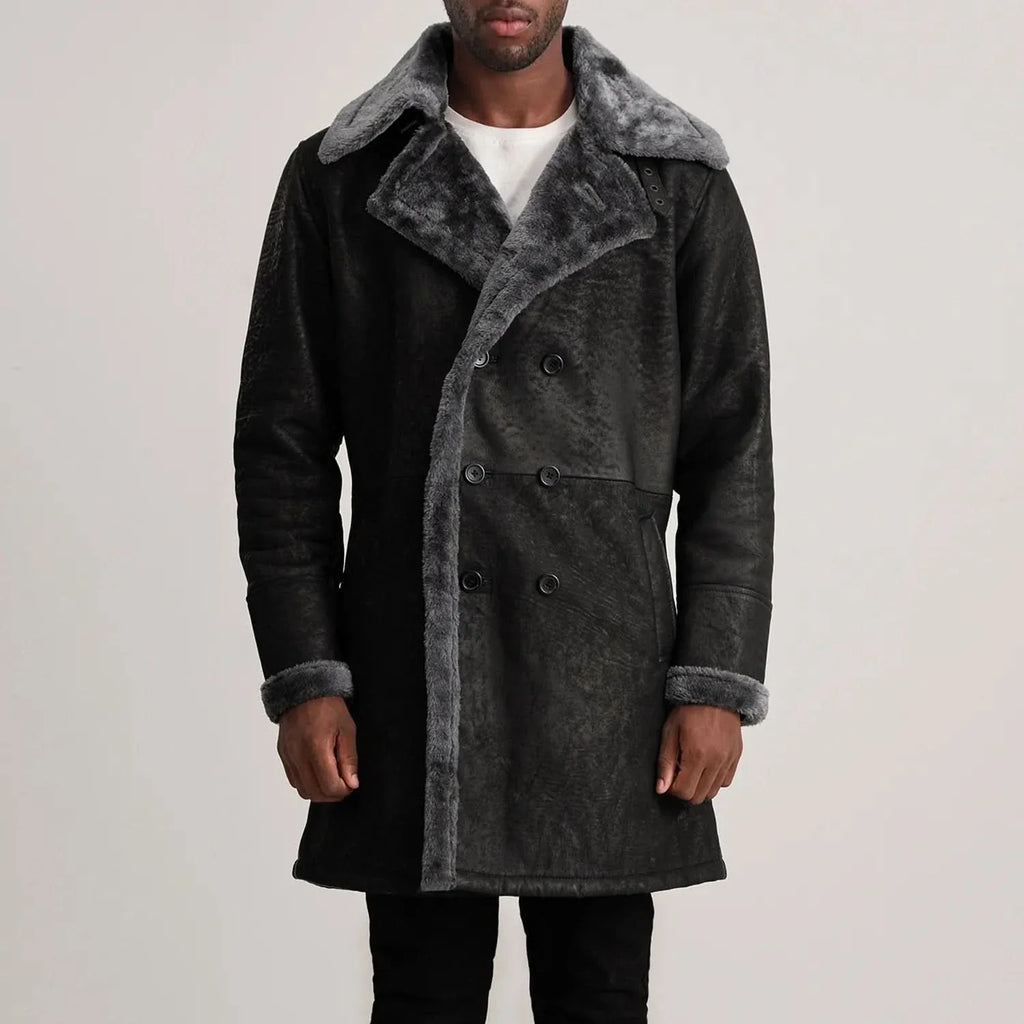 Charles Distressed Black Leather Shearling Double-Breasted Coat