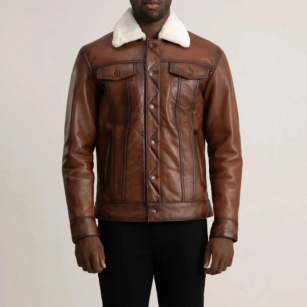 Dallis Brown Leather Shearling Trucker Jacket