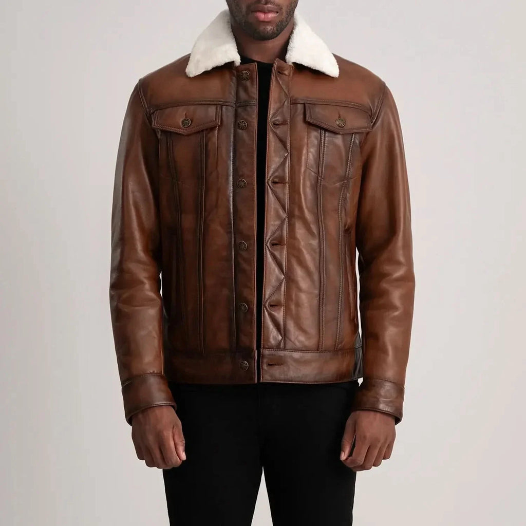 Dallis Brown Leather Shearling Trucker Jacket