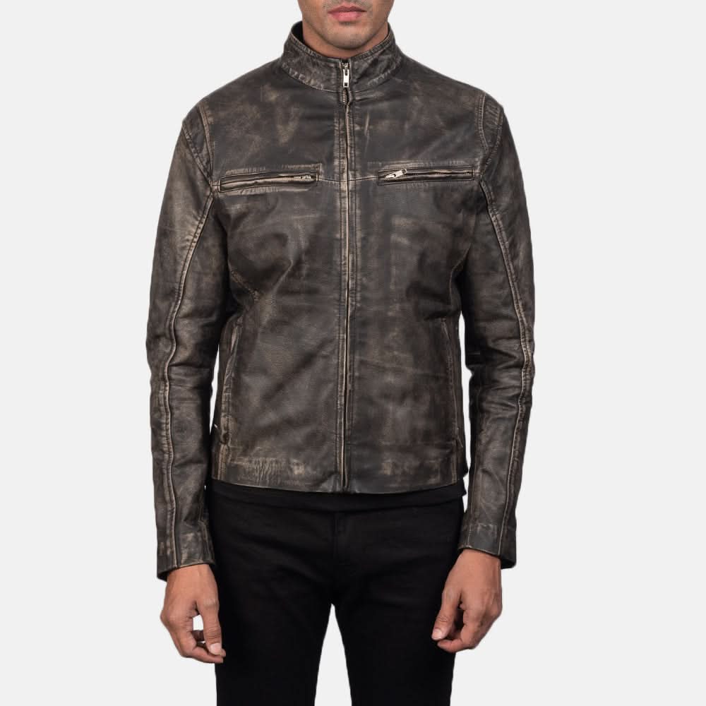 [LC] Ionic Distressed Brown Leather Biker Jacket