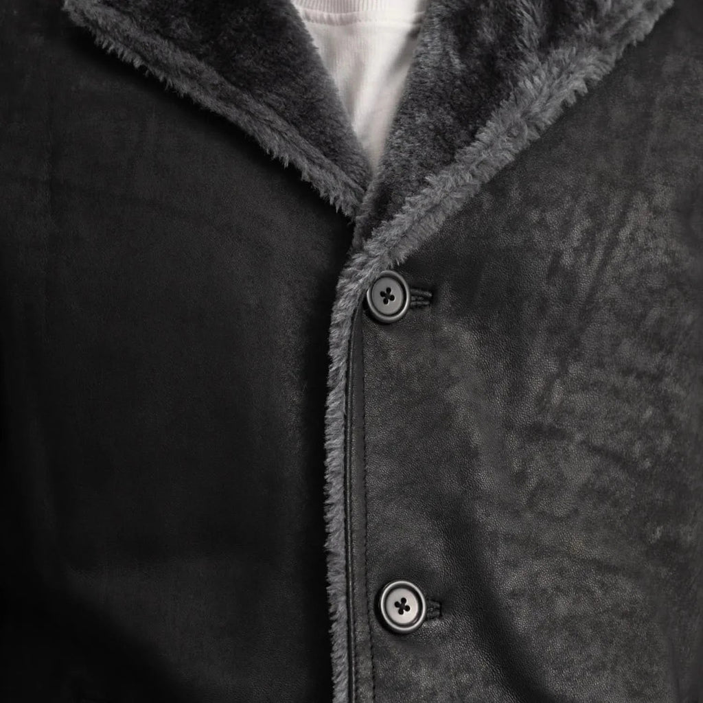 Kolby Distressed Black Leather Shearling Coat