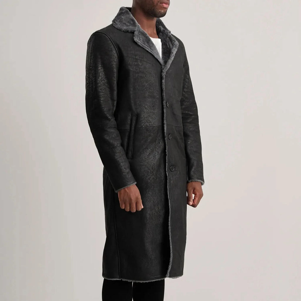 Kolby Distressed Black Leather Shearling Coat
