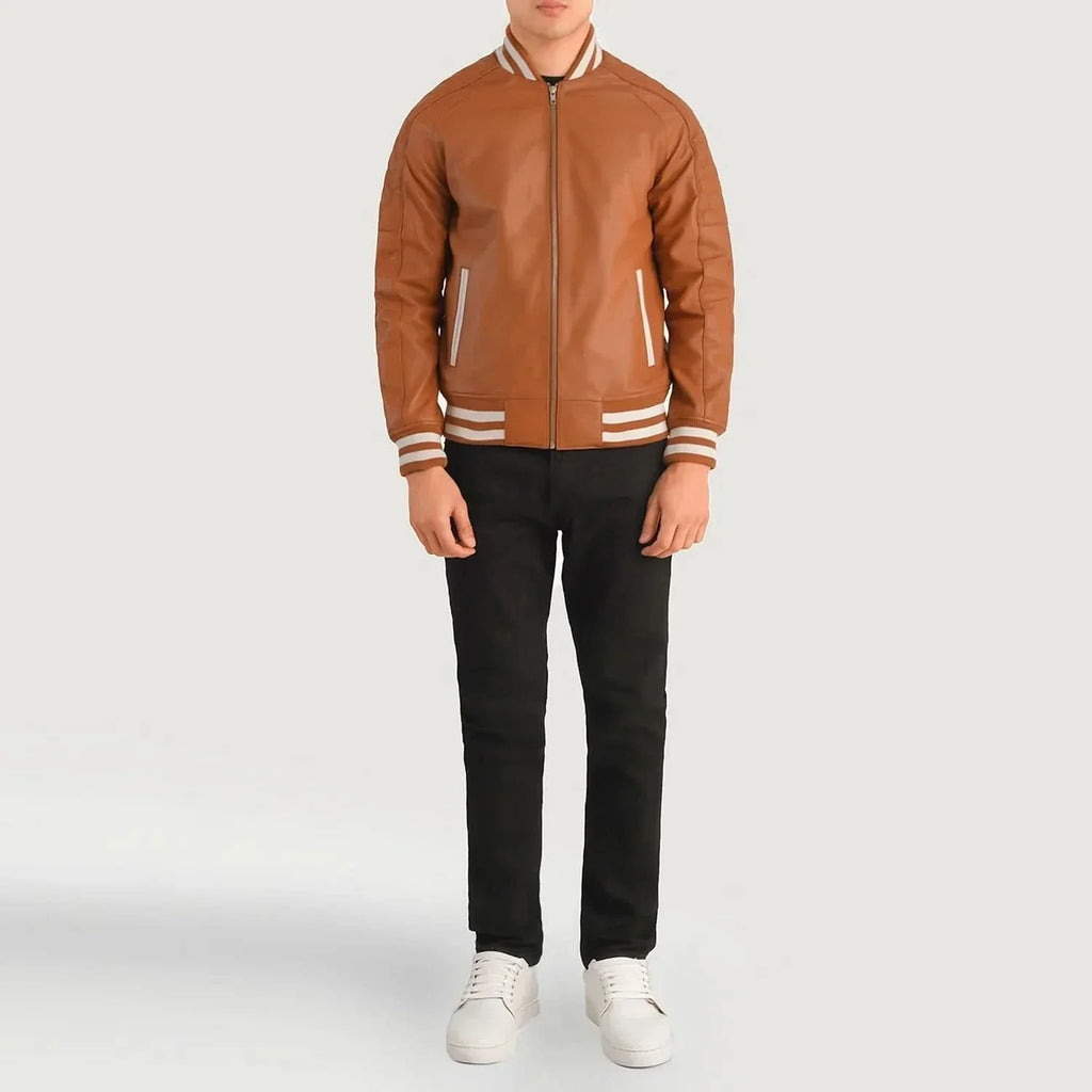 Pascal Tan Brown Leather Varsity Jacket