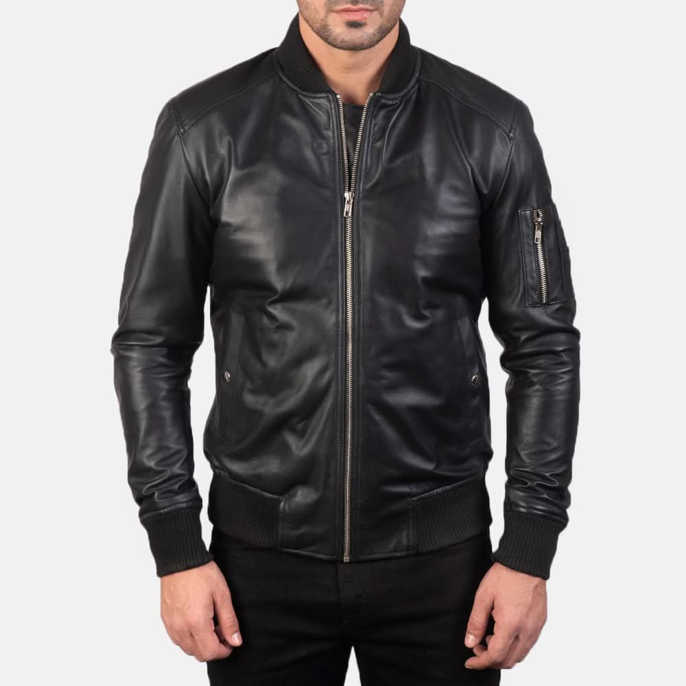[LC] Ma-1 Black Leather Bomber Jacket