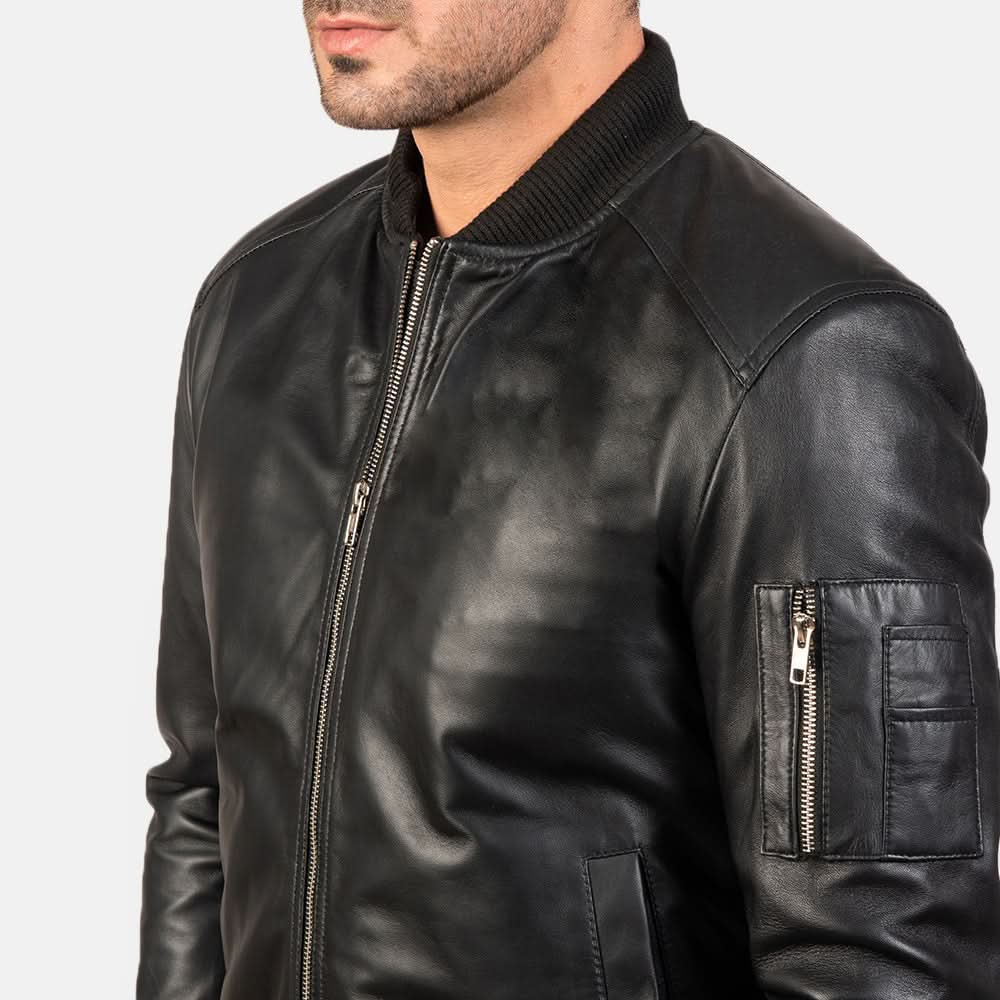 [LC] Ma-1 Black Leather Bomber Jacket