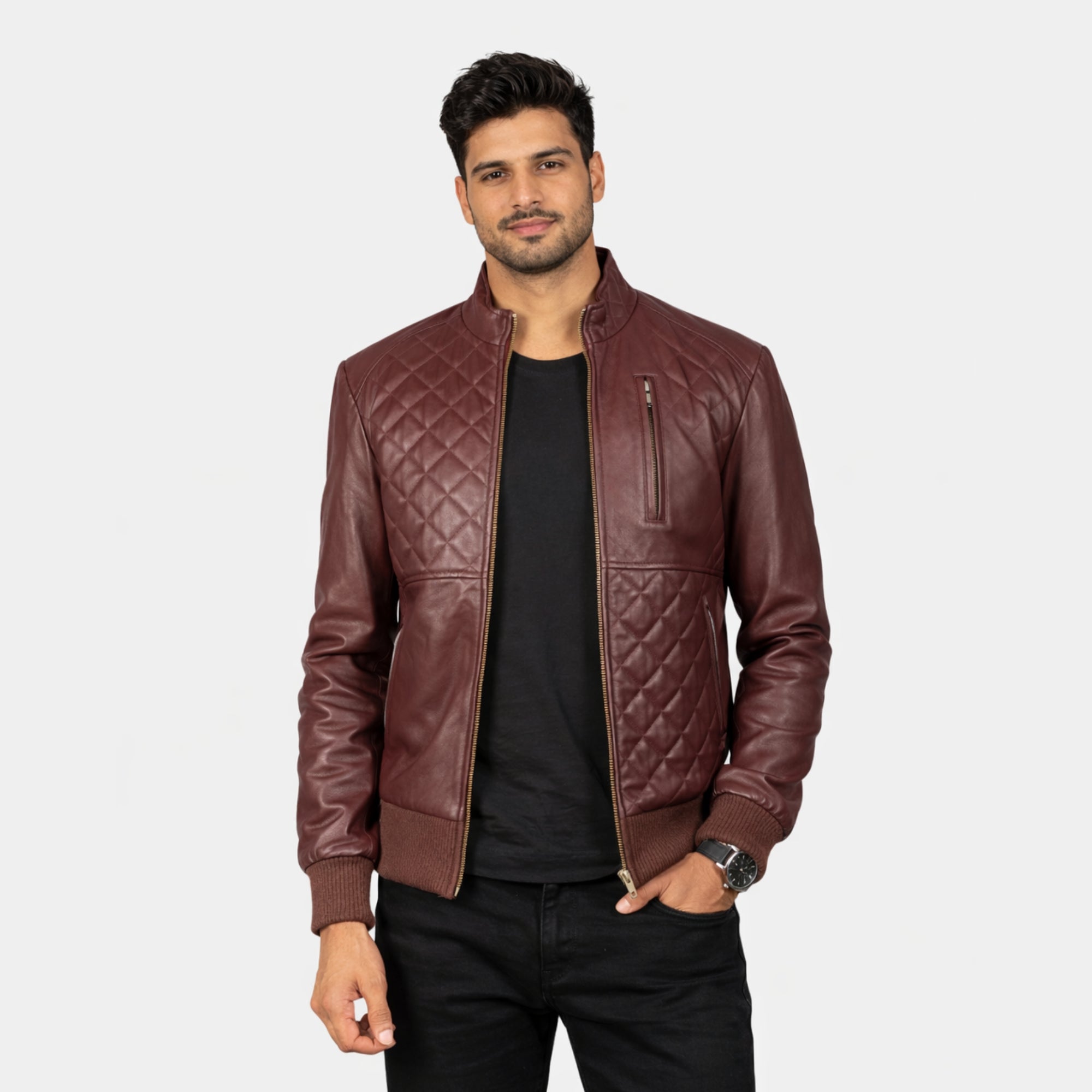 Moda Maroon Leather Bomber Jacket
