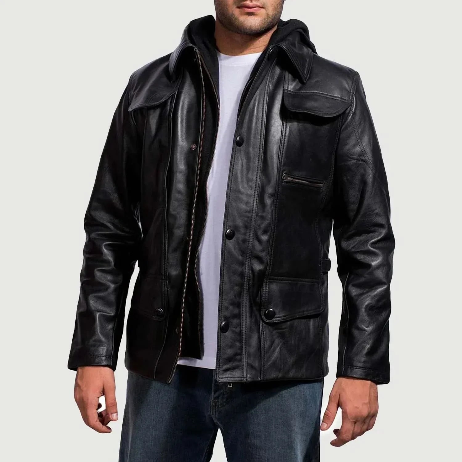 [LC] Moulder Hooded Black Leather Jacket