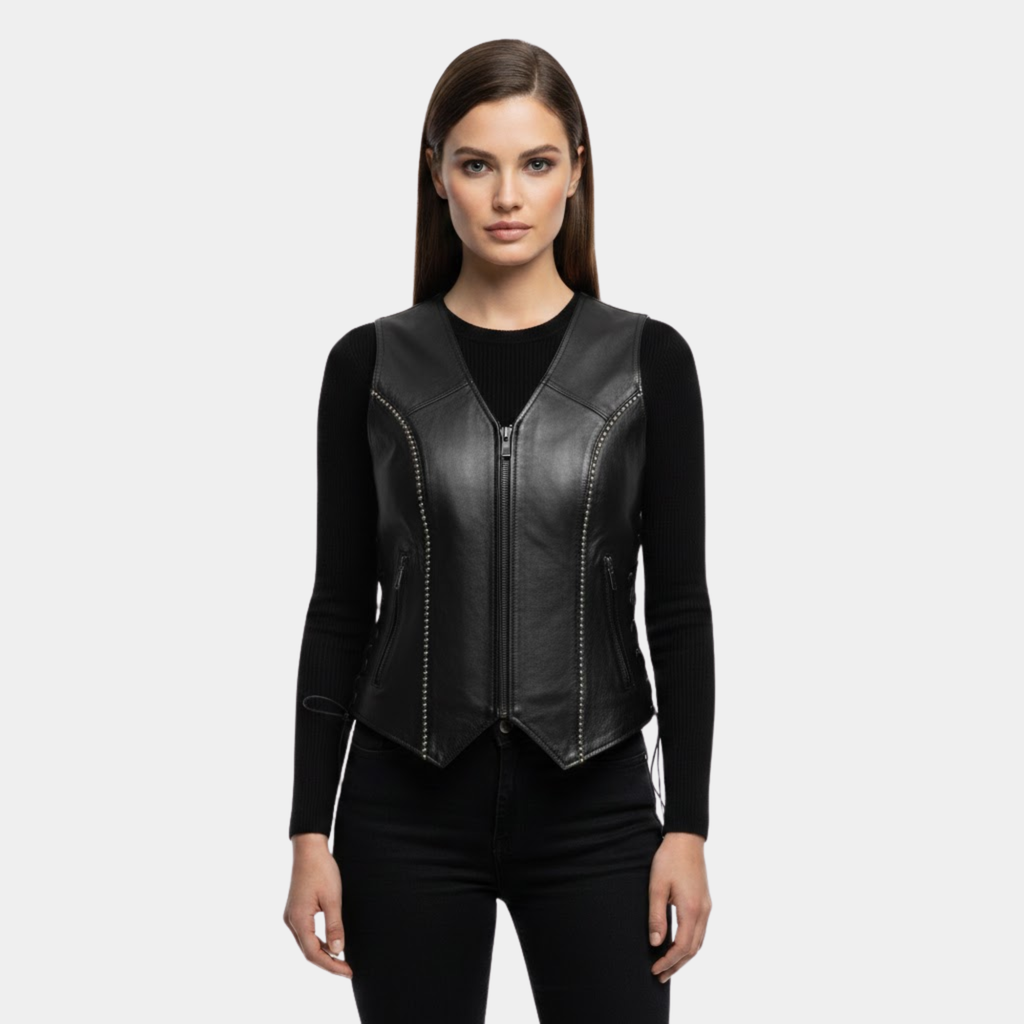 Rhinestone Black Leather Vest