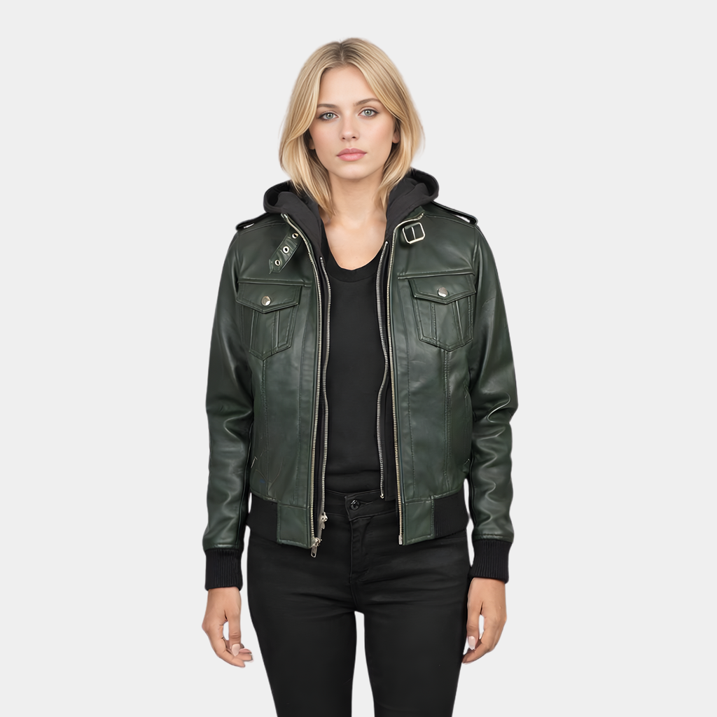 Roslyn Green Hooded Leather Bomber Jacket