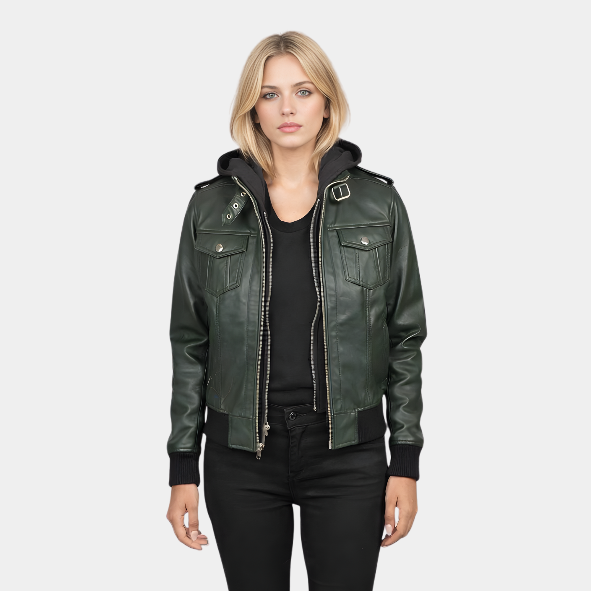 Roslyn Green Hooded Leather Bomber Jacket