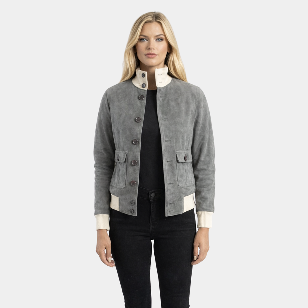 Sasha A1 Grey Suede Bomber Jacket
