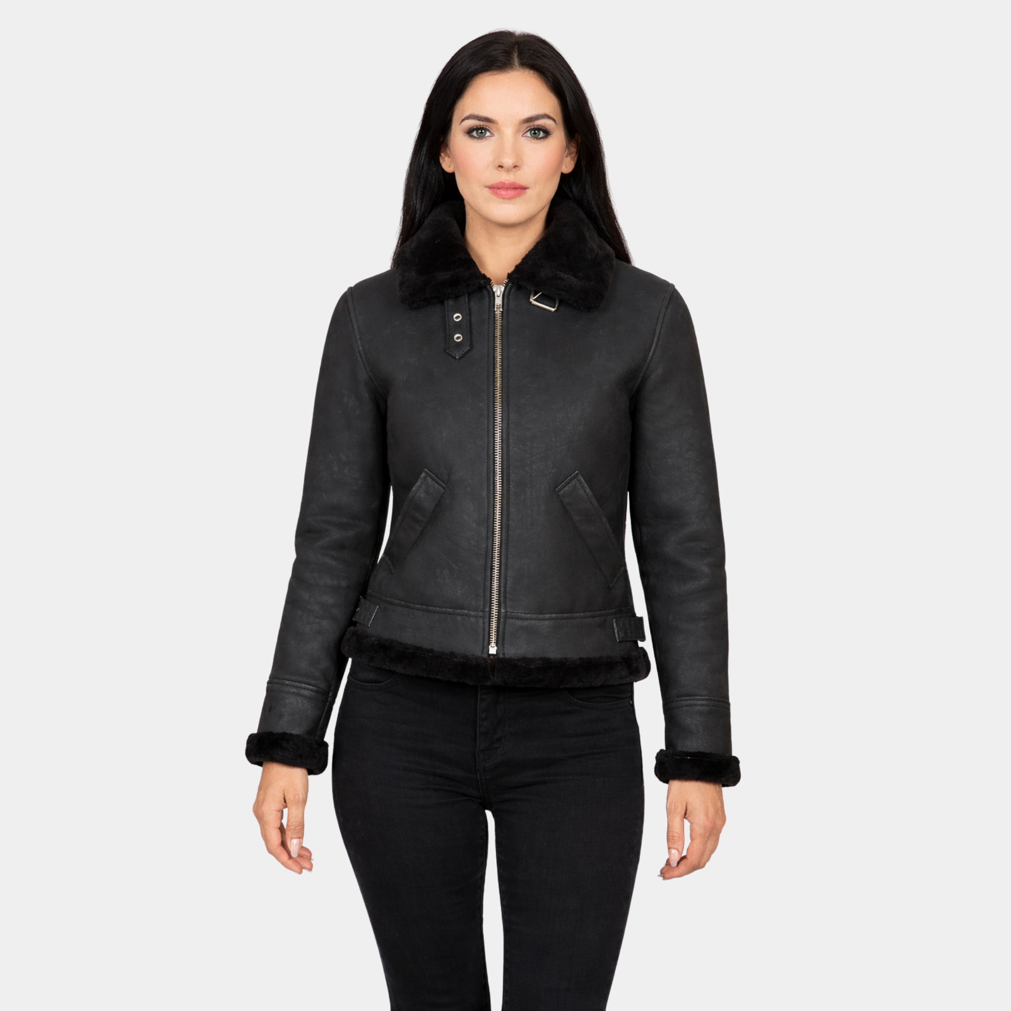Sherilyn B-3 Distressed Black Leather Bomber Jacket