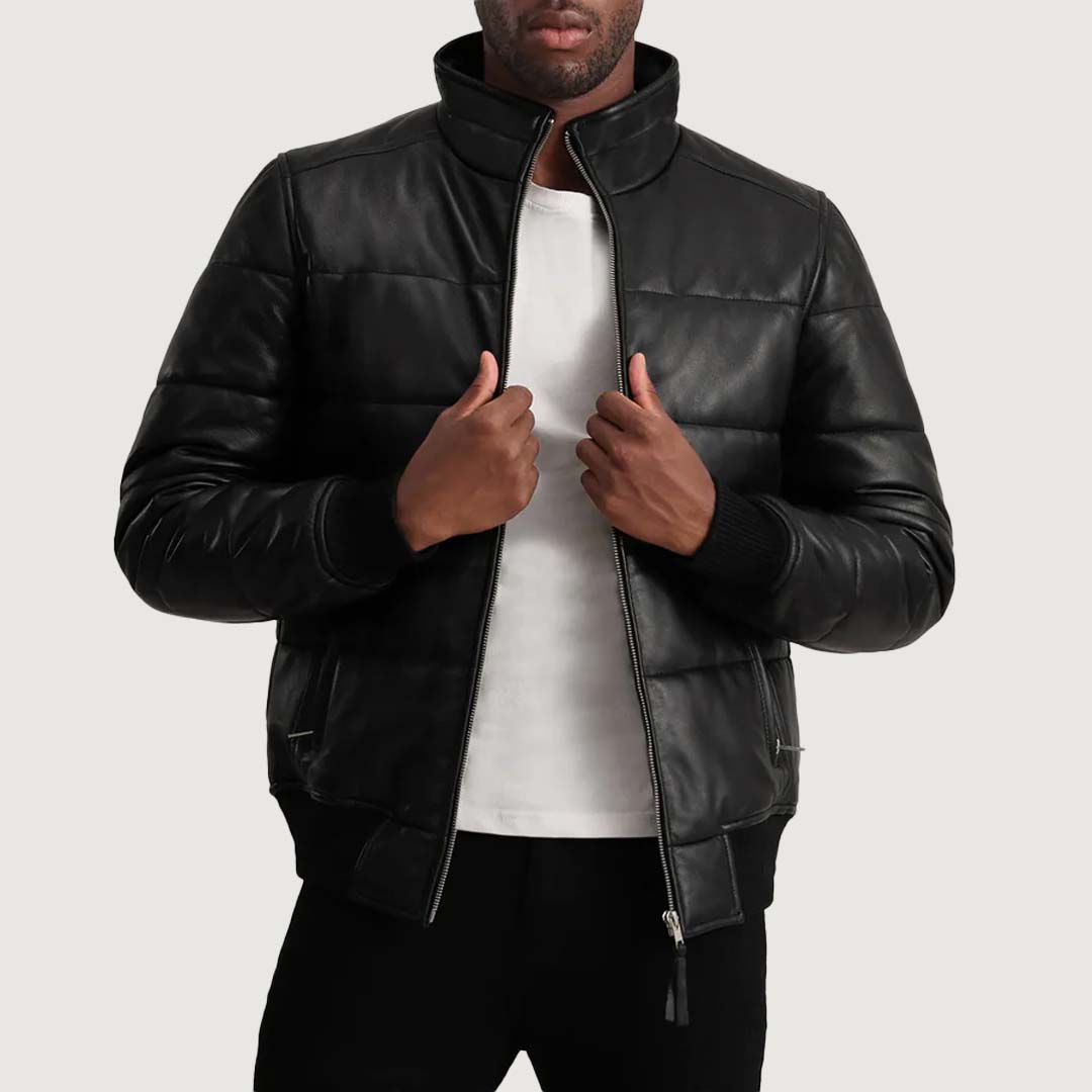 Lucas Black Leather Puffer Bomber Jacket