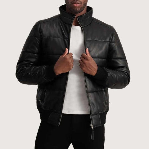 Lucas Black Leather Puffer Bomber Jacket