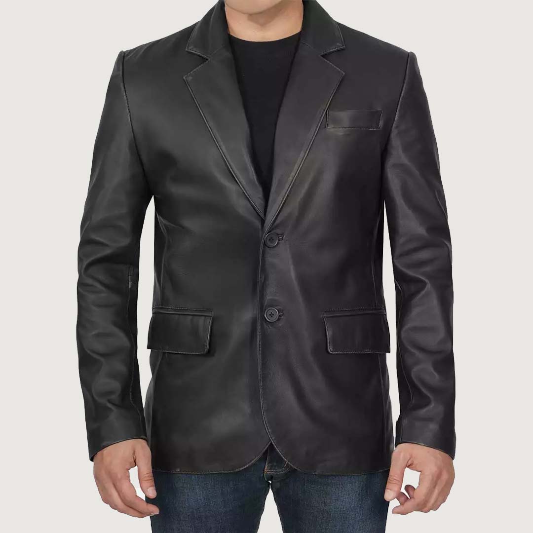 Mens 2 Button Closure Black Leather Blazer