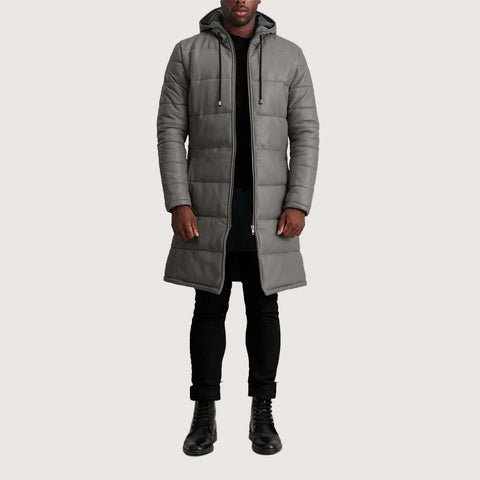 Floyd Grey Hooded Leather Puffer Coat