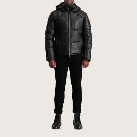 Gordon Black Hooded Leather Puffer Jacket