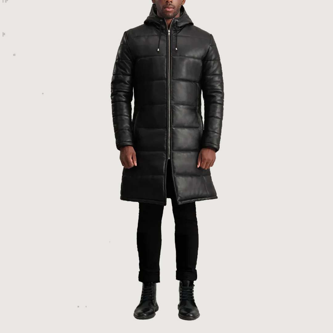 Floyd Black Hooded Leather Puffer Coat