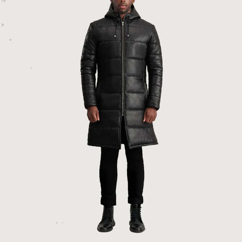 Floyd Black Hooded Leather Puffer Coat