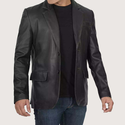 Mens 2 Button Closure Black Leather Blazer