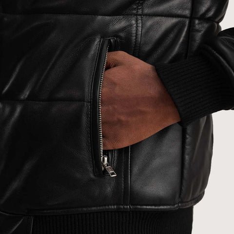 Lucas Black Leather Puffer Bomber Jacket
