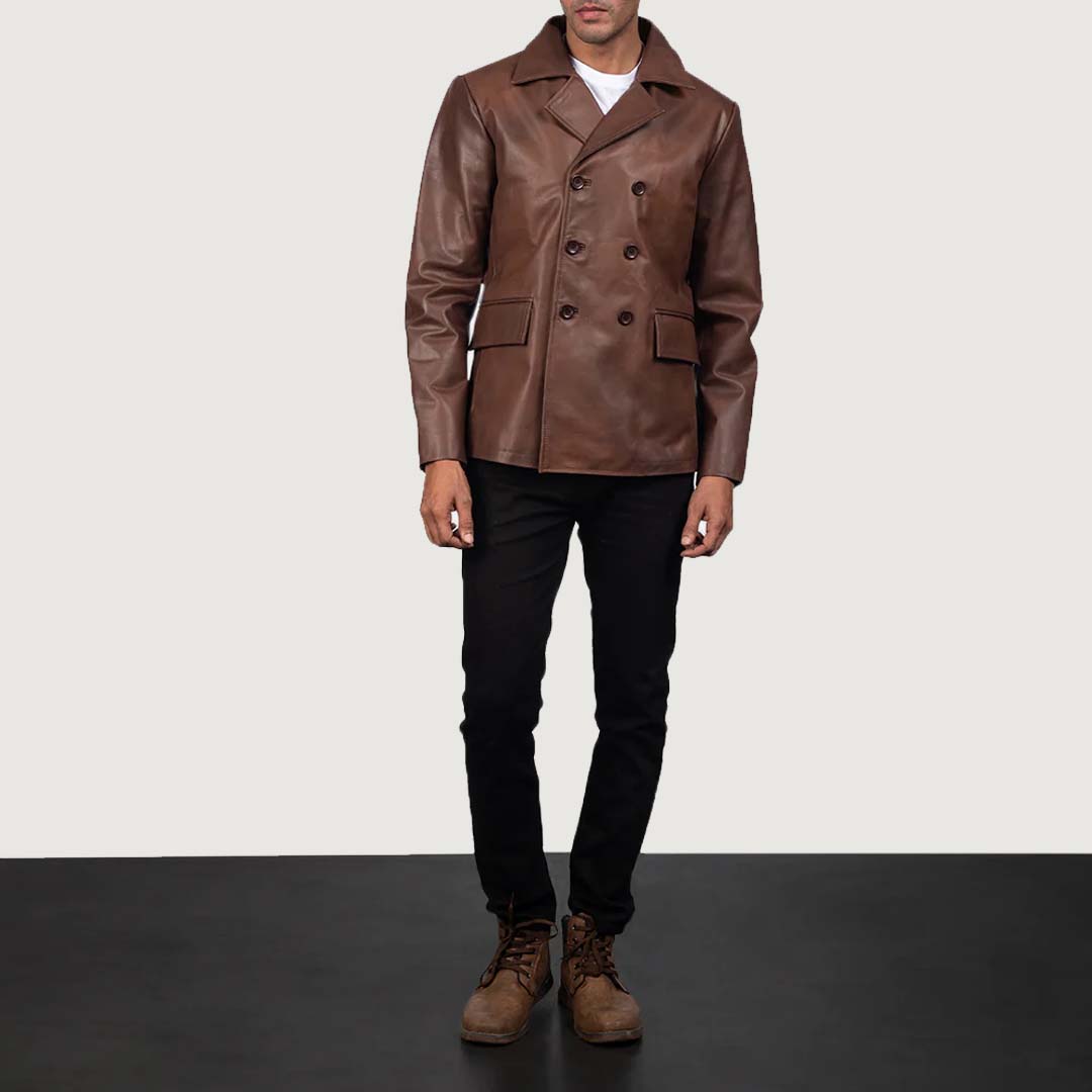 Button closure Brown Leather Peacoat