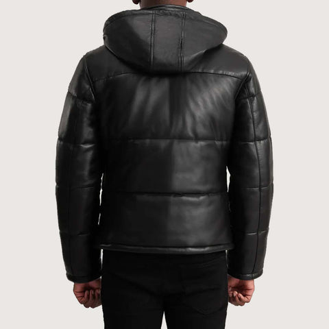 Gordon Black Hooded Leather Puffer Jacket
